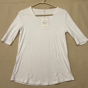 Riyiper White Ribbed V-Neck Elbow Sleeve Top Cotton Blend NWT Size M